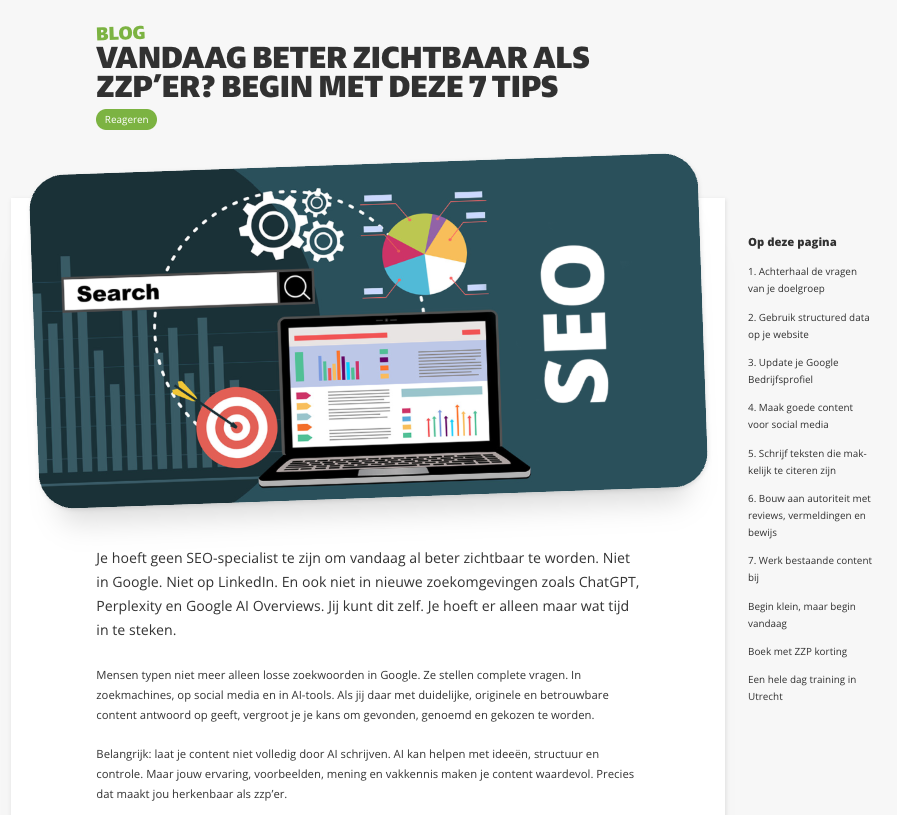 Blog van Etienne Donicie voor ZZP Nederland: 7 tips voor zzp'ers om beter zichtbaar te zijn in zoekmachines en AI-search.